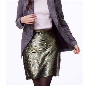 Loft, olive green, sequin skirt. Size 8. NWT.